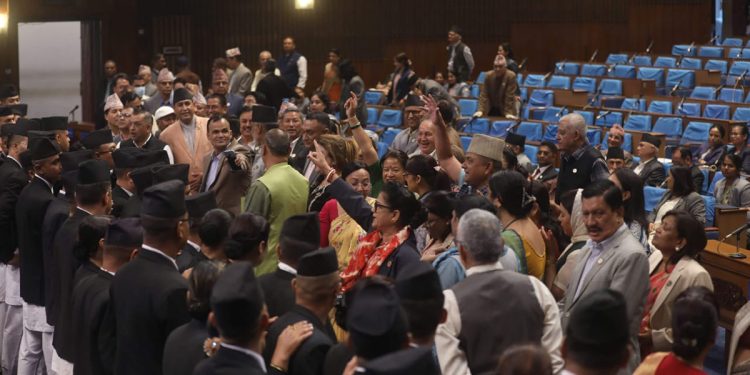 प्रतिपक्षी र सत्ता पक्षबीच संसदमा धकेलाधकेल, नाराबाजीकै बीच संसद बैठक जारी